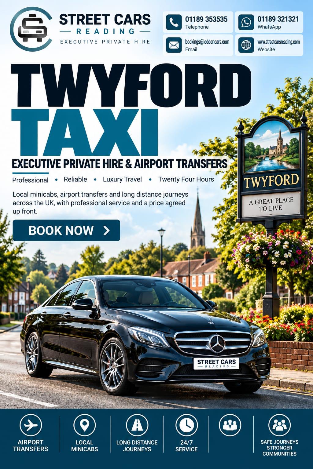Book a reliable Twyford taxi for local journeys, railway station transfers, airport travel and long-distance trips.